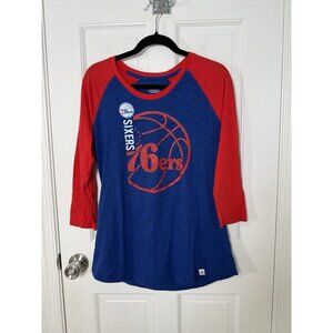 Majestic NBA Philadelphia 76ers Women’s Scalloped Red And Blue Shirt Sz Large